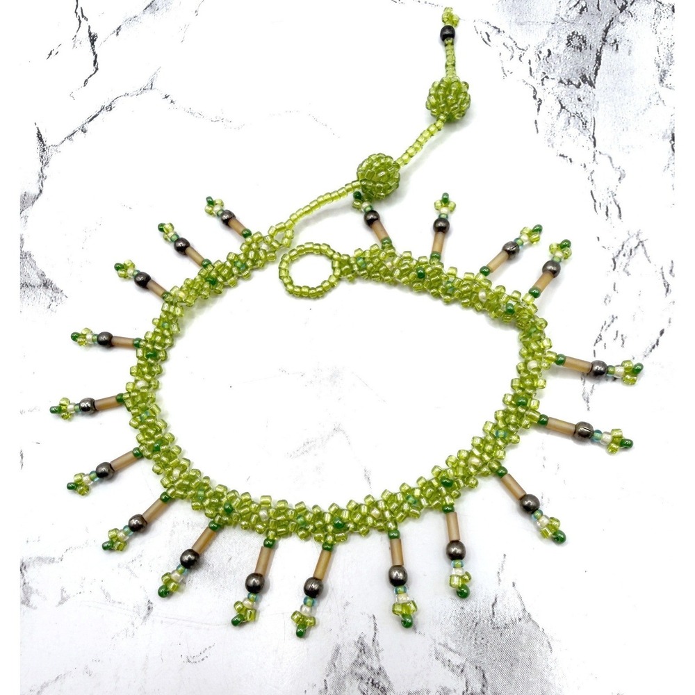 Boho Green Glass Bead Dangle Bracelet Adjustable Button Loop Festival Jewelry